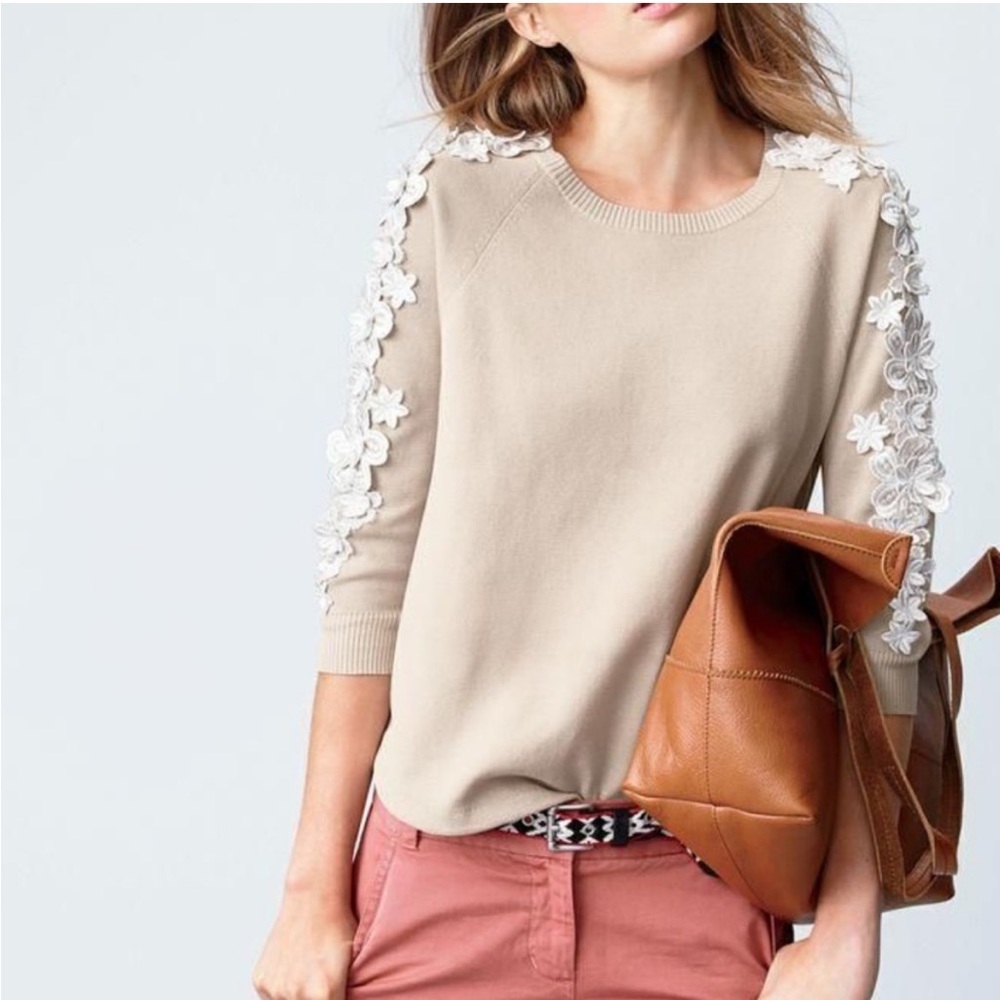 J Crew Collection 100% Cotton Sweater with Floral Detail on Sleeve, Warm Bisque